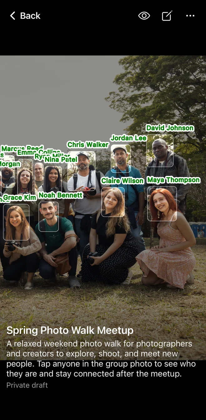 Group Photo preview with a title, description, and private draft status