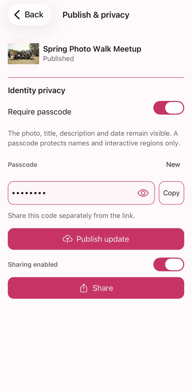 Publish and privacy screen showing passcode protection for names and interactive regions only